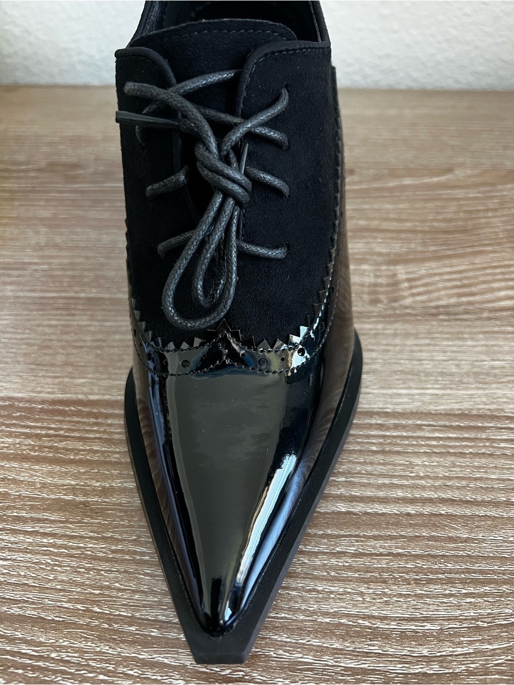 Black Lace-Up Pointed Block Heel Pumps - Picture 5 of 9